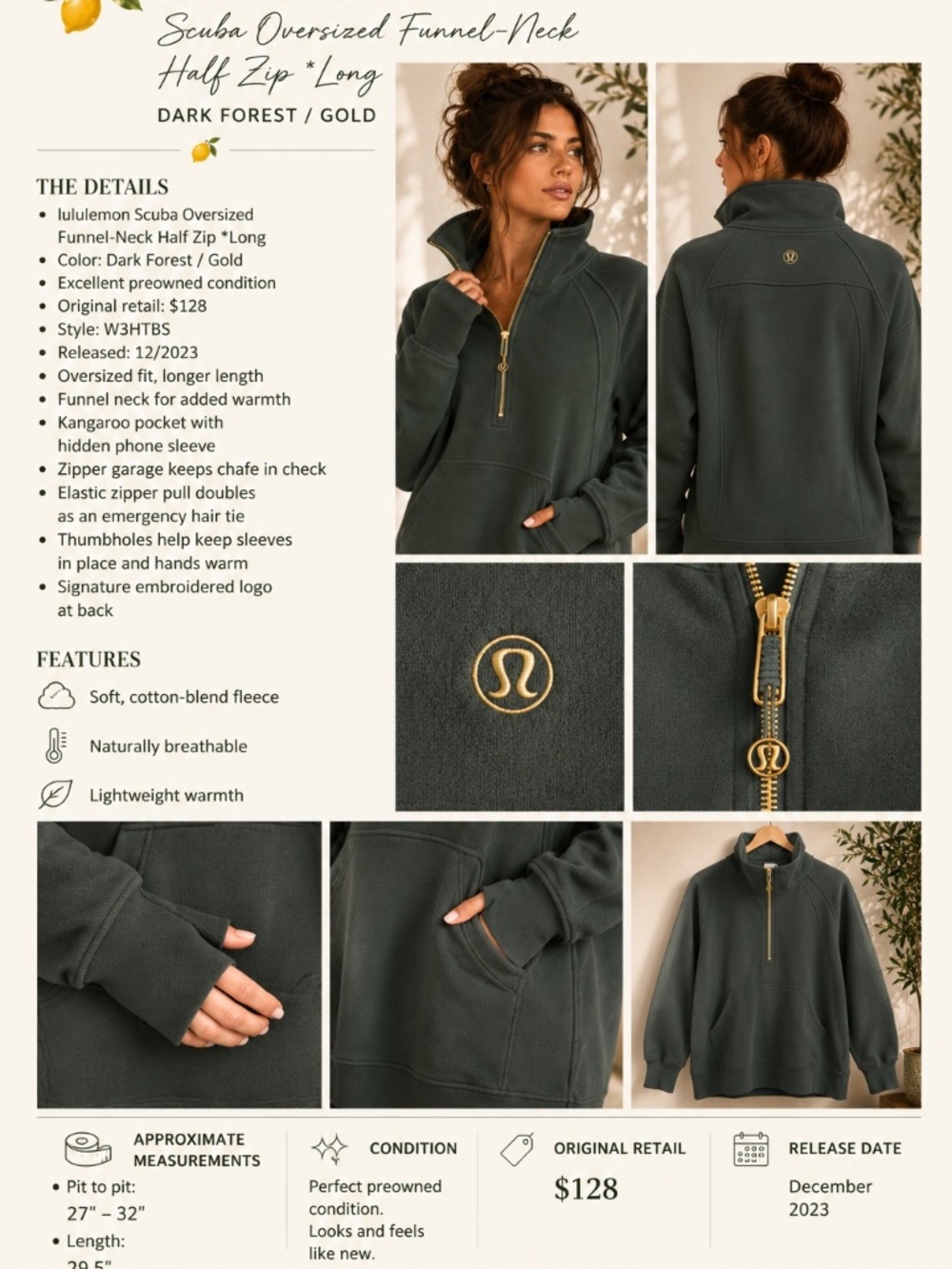 Lululemon Scuba Oversized Funnel-Neck Half Zip Long Dark Forest Gold XL/XXL - Picture 2 of 9